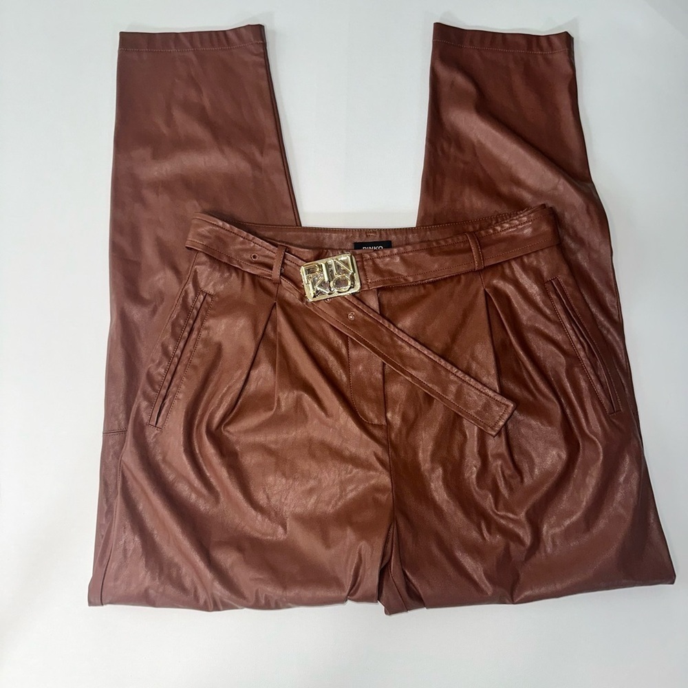 NEW PINKO CHOCOLATE BROWN PU STRAIGHT LEG PANTS WITH GOLD BUCKLE